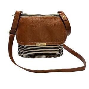 Kim Rogers Canvas Crossbody Purse Bag Blue White Stripe Leather Flap Handle Sz M